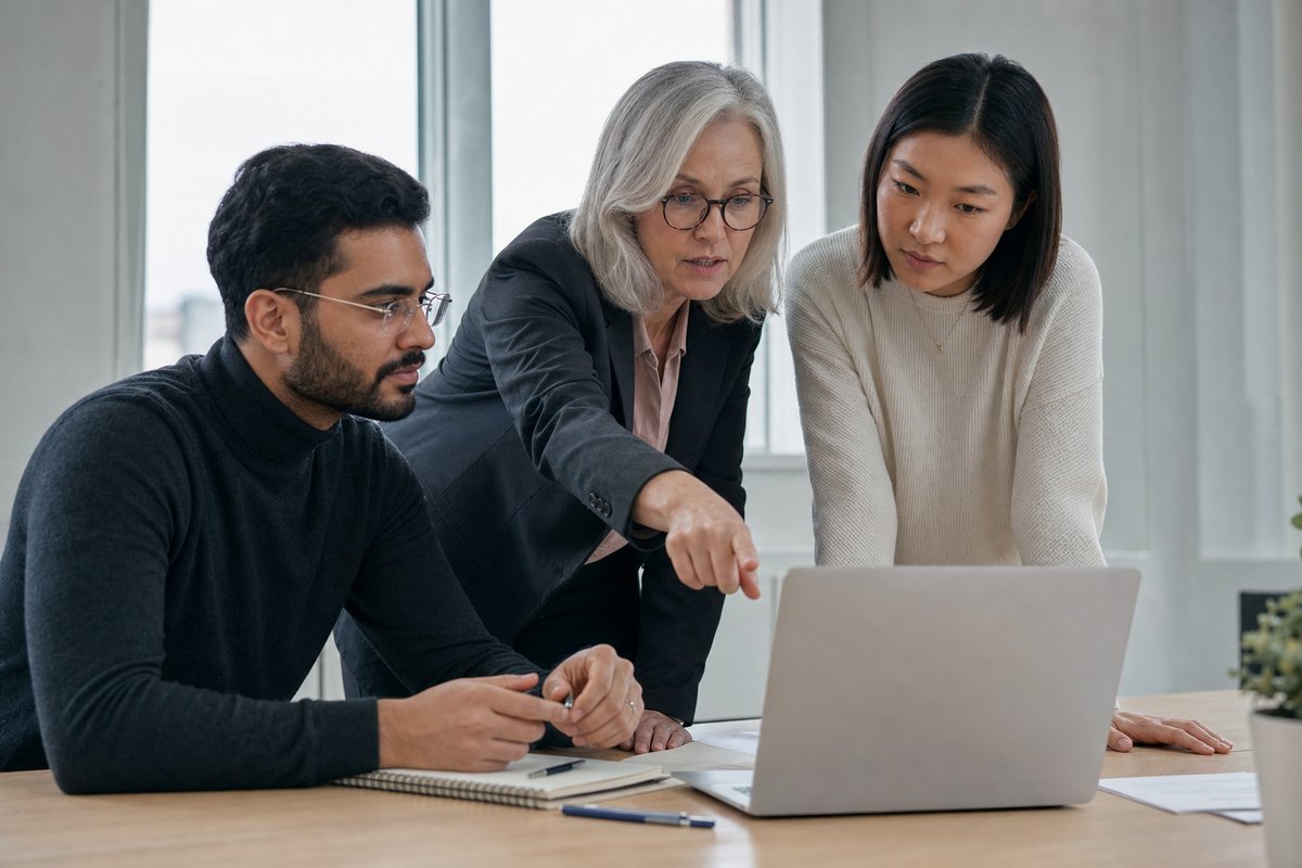 Three colleagues gathered around a laptop in a bright office, one pointing at the screen.
