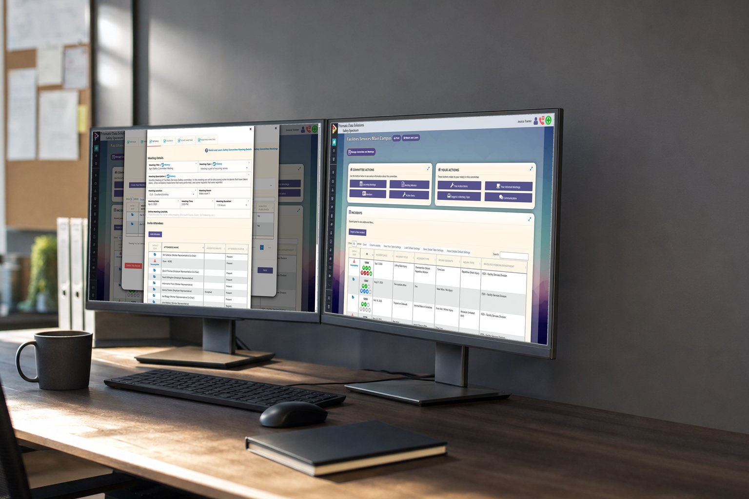 A safety committee meeting record with its agenda and action items on a large desktop monitor at a slight angle on an office desk.