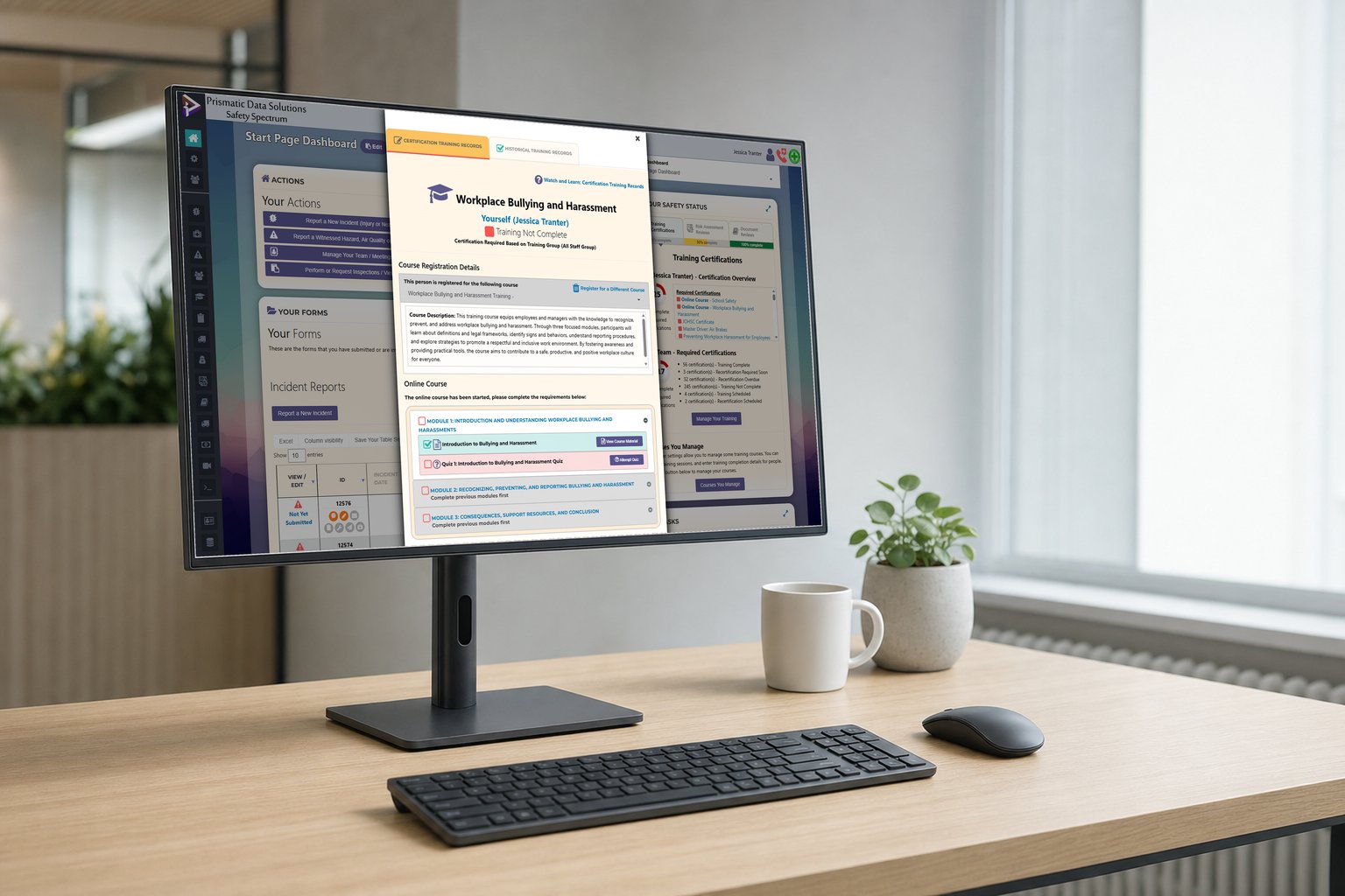 An online course page on a desktop monitor: the course's module list with a video module and a quiz question.