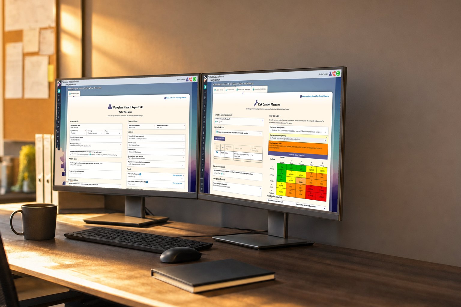 The hazard report form with its risk matrix on a large desktop monitor at a slight angle on an office desk.