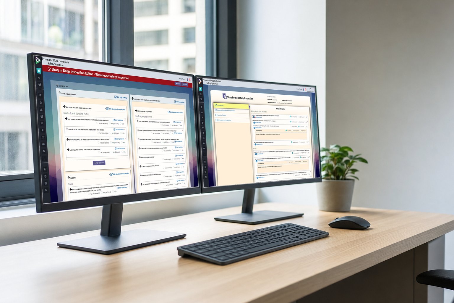 Two large monitors on a desk, one showing a completed warehouse safety inspection and the other the drag-and-drop inspection editor.