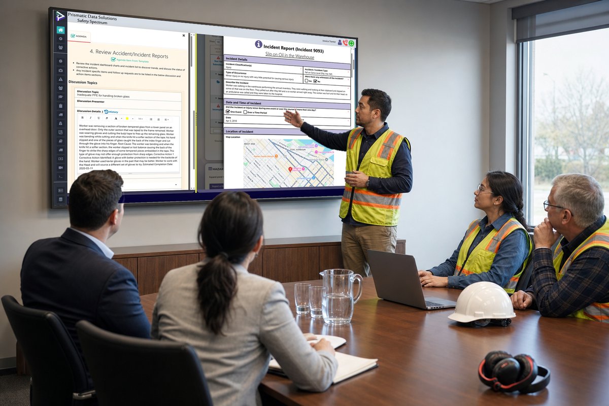 A safety committee in a boardroom, one member standing at a wall display showing the committee meeting screen.