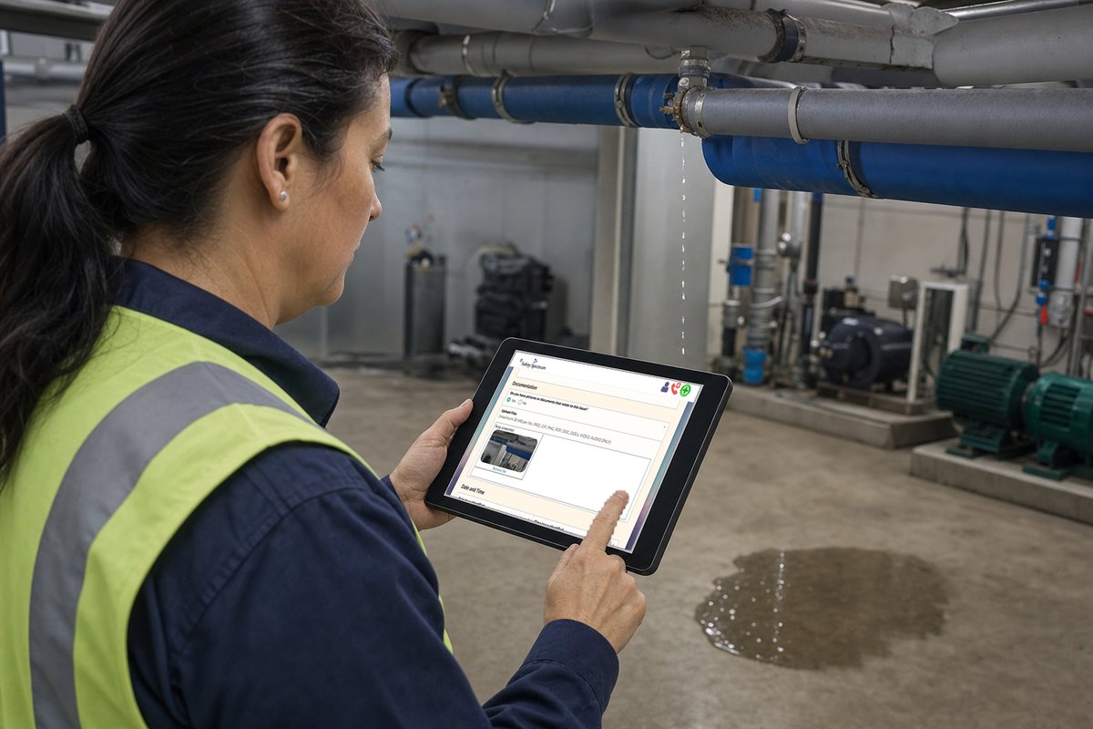 A facilities worker filling in the hazard report form on her tablet in a mechanical room, a dripping pipe joint in front of her.