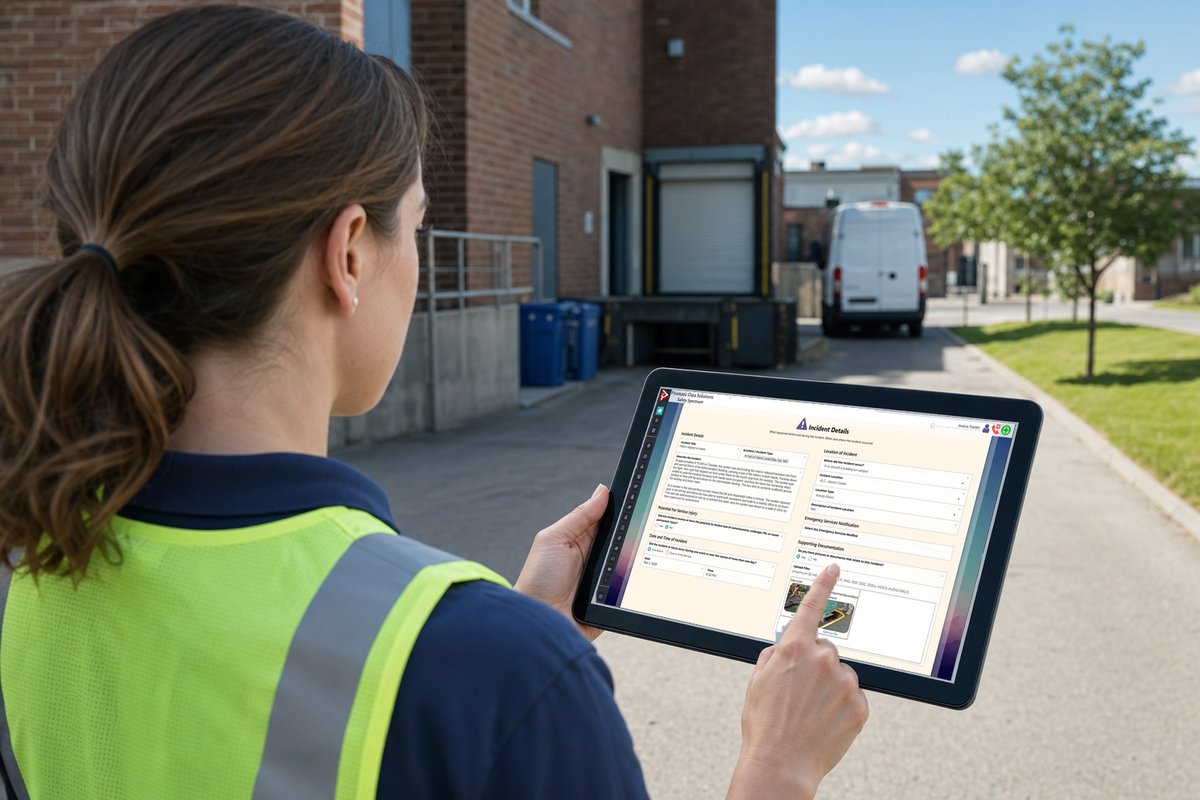 Over the shoulder of a facilities worker in a hi-vis vest filling in the incident report form on a tablet behind a public building.