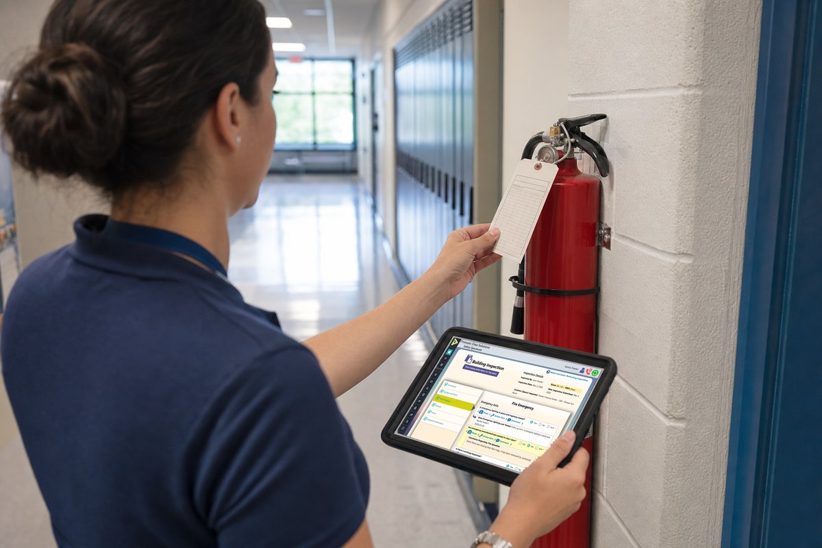 An inspector in a school hallway reading a fire extinguisher's tag with the inspection checklist on her tablet.
